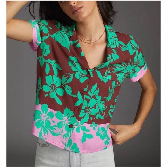 Anthropologie Green and Pink Floral Button Down Shirt NWOT - Picture 1 of 10